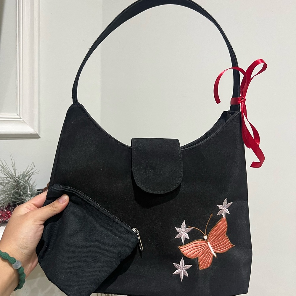Vintage Black Shoulder Bag with Butterfly Emblishments and Coin Purse